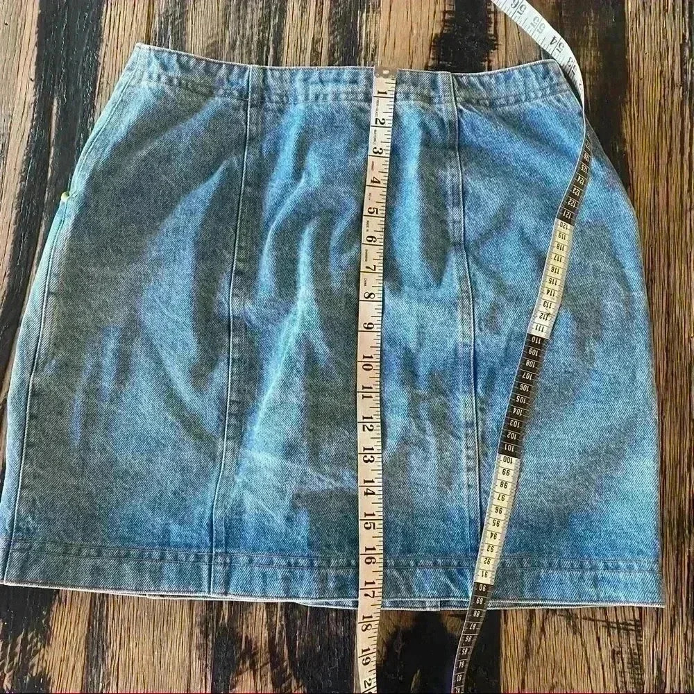 Vintage Y2K Denim Skirt Florescent Neon Green Buttons and Pleather Details Sz M - Picture 7 of 7
